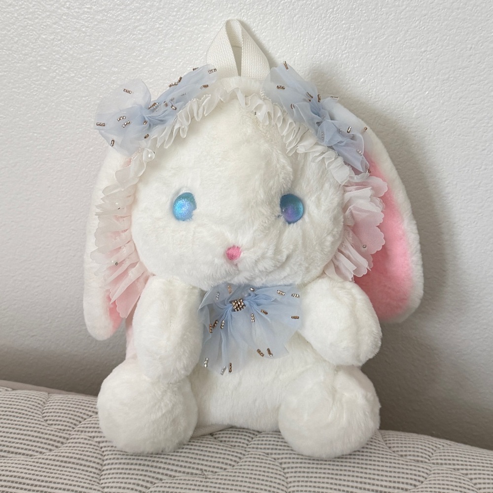 Cute Backpack with White Plush Bunny with Blue Accents